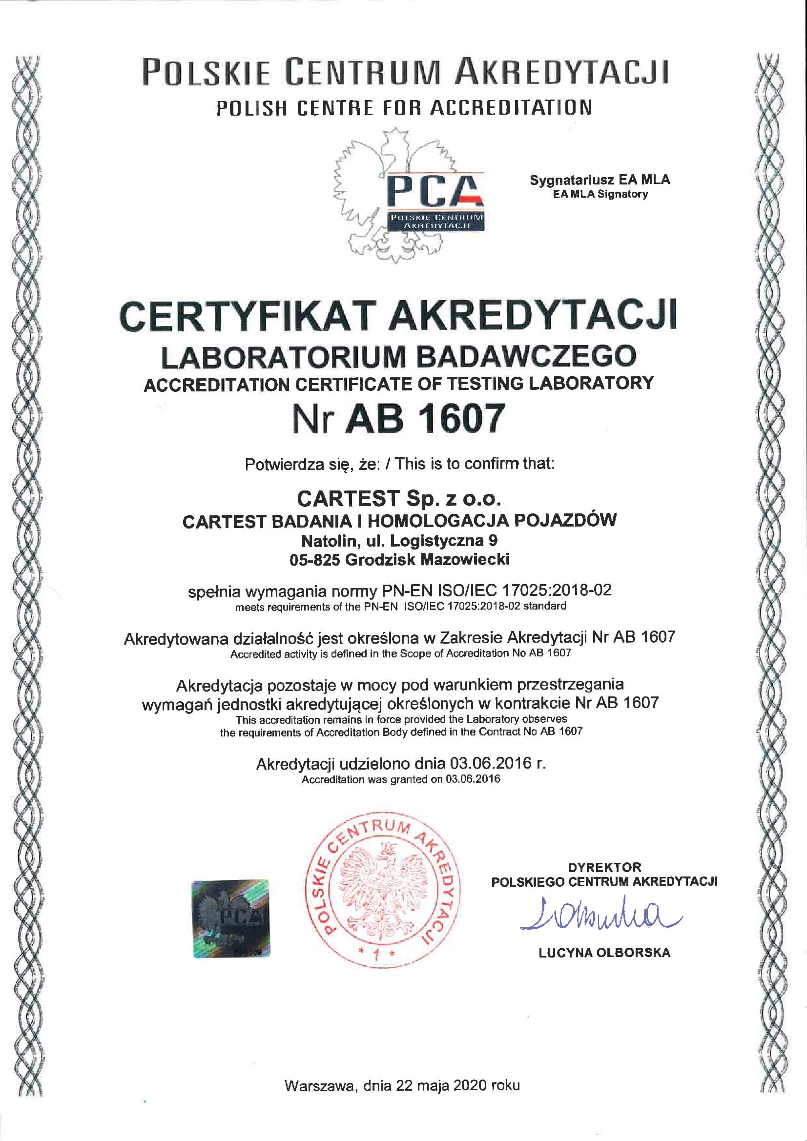 PCA testing laboratory accreditation certificate AB 1607
